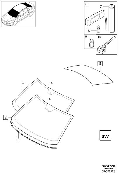 Diagram Glass and sealing moulding for windscreen and rear window for your 2007 Volvo V70   