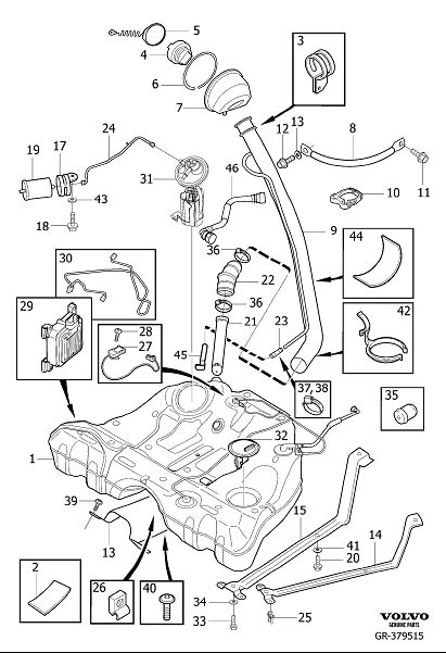 Diagram Fuel tank and connecting parts for your Volvo