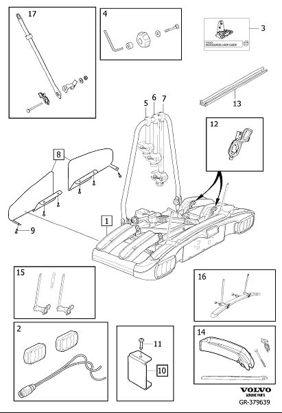 Diagram Bicycle holder tow bar mounted, 3 bicycles for your 2009 Volvo V70   