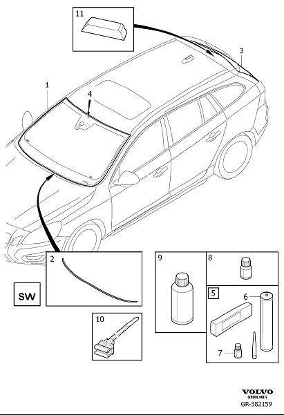 Diagram Glass and sealing moulding for windscreen and rear window for your Volvo V60 Cross Country  