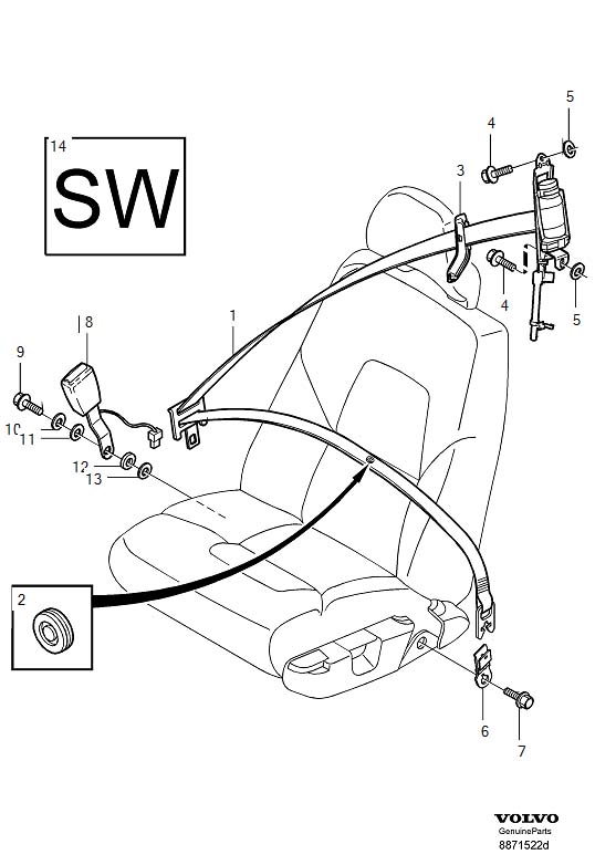 Diagram Front seat belt for your 1996 Volvo
