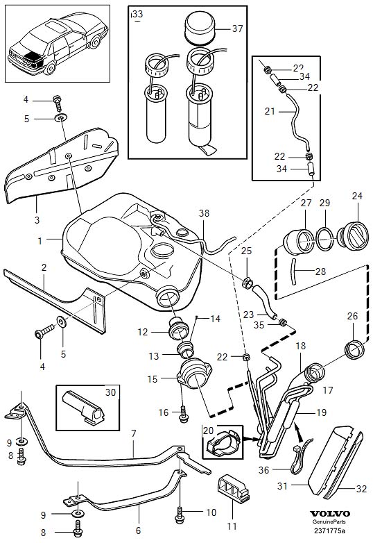 Diagram Fuel tank and connecting parts for your Volvo