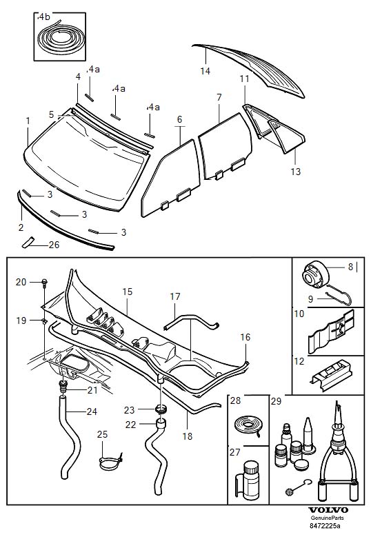 Diagram Windscreen, rear window and door windows, windshield, rear window and door windows for your 2007 Volvo V70   