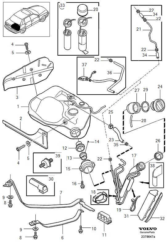 Diagram Fuel tank and connecting parts for your 1998 Volvo S70   