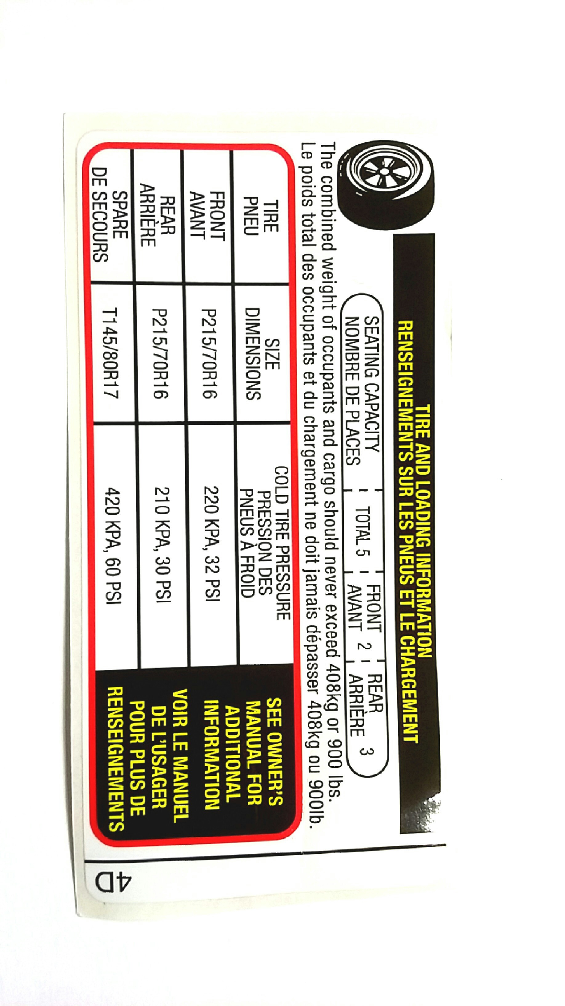 Subaru Outback Engine Decal. Tire Information Label. Label - 28181AJ03A ...